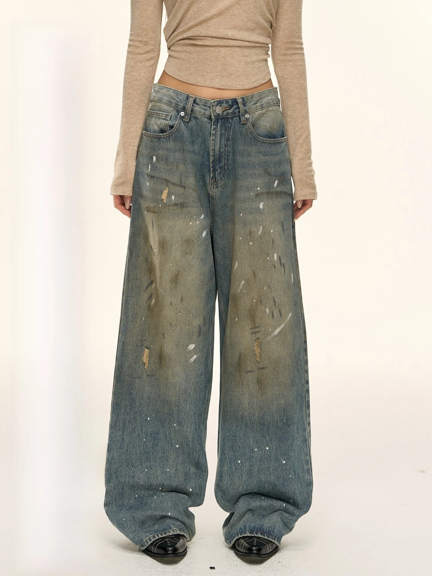 

Джинсы Nova B Outstanding Vintage с эффектом окрашивания и брызгами чернил, широкие, осенне-зимние, повседневные, прямого кроя