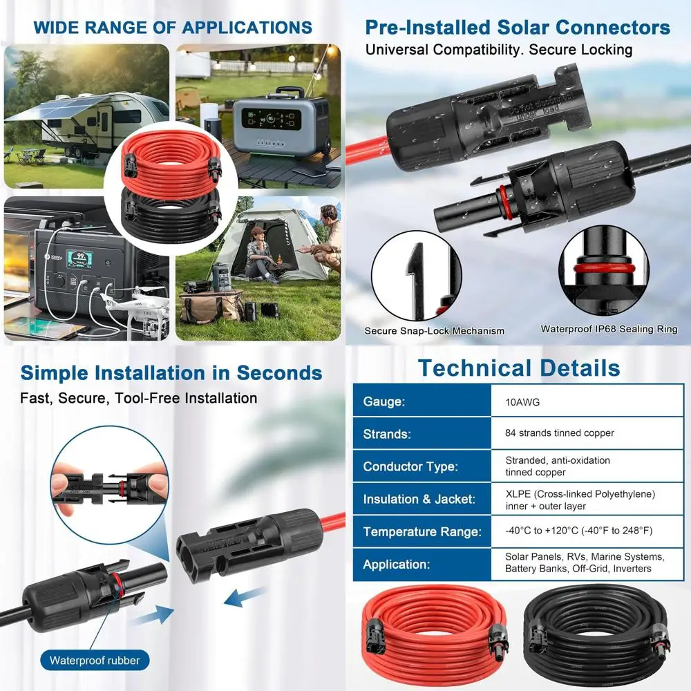 

Кабели-удлинители для фотоэлектрических систем 10AWG, 50 футов, красно-черные, 2 шт. в упаковке, 84-жильные, из луженой меди, с двойной изоляцией, устойчивые к УФ-излучению для наружного применения, для автодомов, инверторов