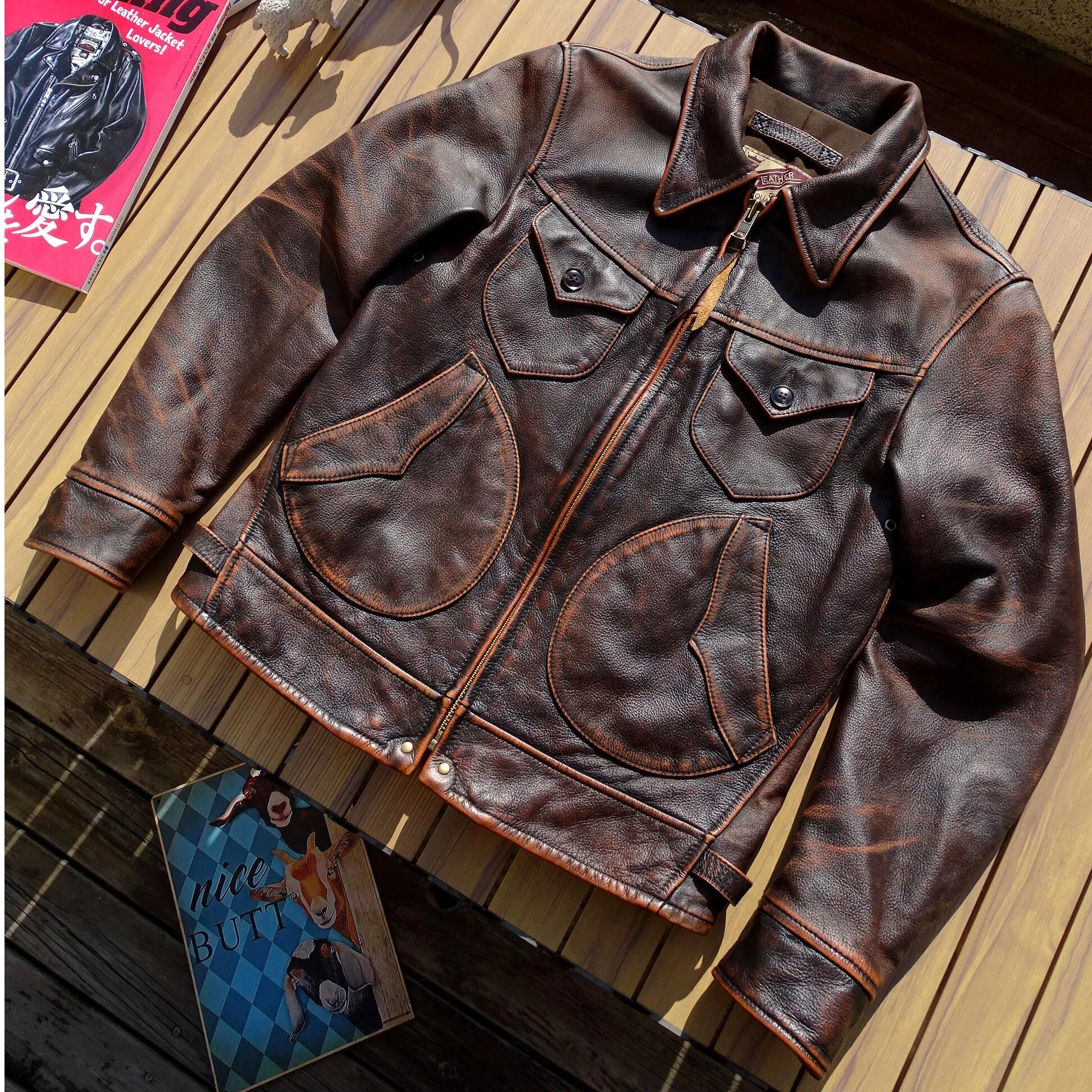 

Baicha Xin Genuine Leather Jacket - Stonewashed and Antique-Finished Khaki American Retro Workwear Style Western Rancher Coats