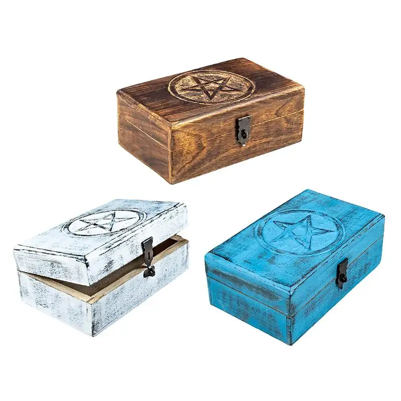 Wooden Jewelry Storage Box Antique Star Carved Trinket Box Storage Case Chic Organizer Tarot Cards Necklaces Unique Home Decor