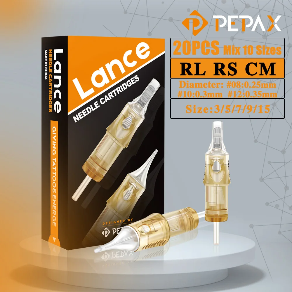PEPAX Lance Tattoo Cartridge Needles 20PCS Mix 10 Sizes Tattoo Needle #08 #10 #12 Diameter Safty Cartridge Tattoo Needles Supply