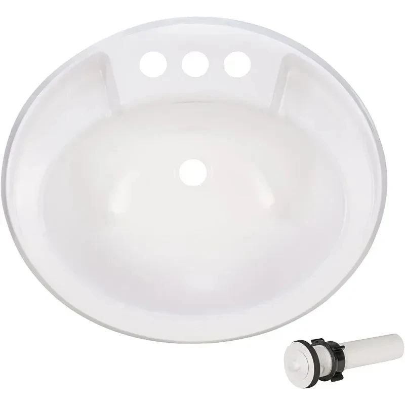 HOME-RV Kitchen Sink with Pull Out Faucet Brushed Nickel Single Lever Hole Mount Durle Plastic White Oval Basin Dual Stream
