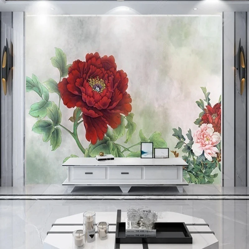 Customized Chinese Classical Red Peony Wall Mural, Elegant Flower Leaf Pattern Wallpaper for Living Room and Bedroom Background