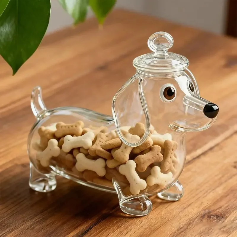 Dachshund Dog Shape Glass Snack Jar Cute Animal Statue Storage Container 17x16.5cm Food Jar for Outdoor Training