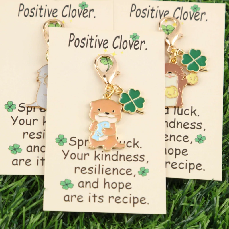 3pcs Cute Animal Series Otter with Four-Leaf Clover Keychain Set Belt“Positive four-leaf clover”Card Can write blessing messages