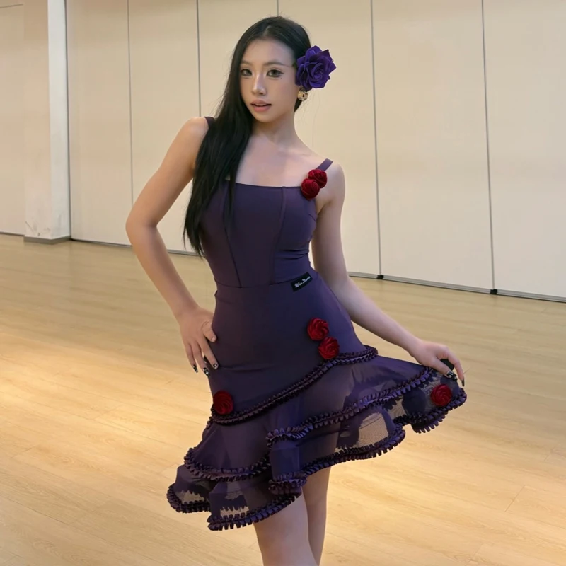

Adults Rumba Chacha Latin Dance Suits Women Samba Latin Dance Costume Purple Sleeveless Salsa Latin Dance Training Suit SL12700