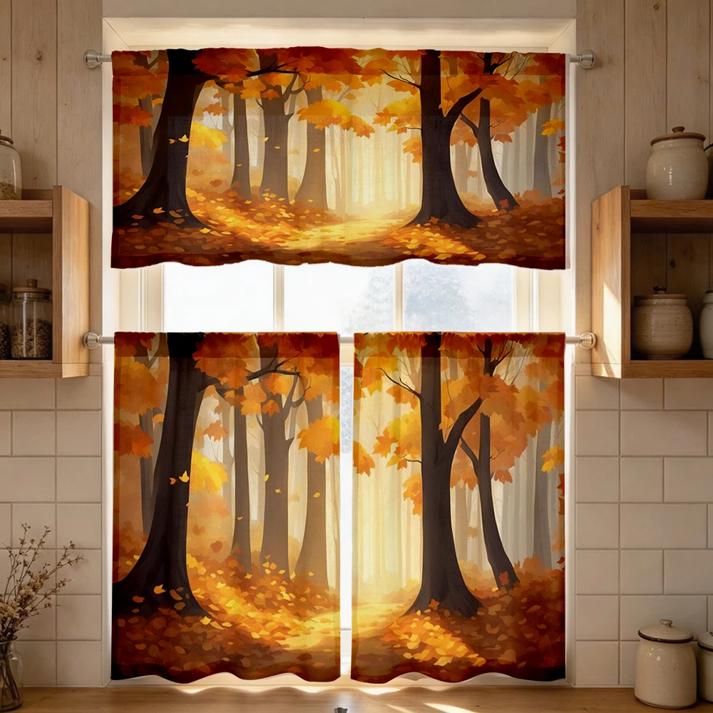 Fall Kitchen Curtains, Autumn Forest Path Scenery, Digital Print, Kitchen Dining Room, Rod Pocket Polyester, Home Decor