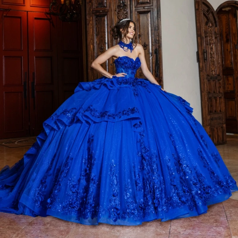 

Королевское синее блестящее платье для квинсианьеры, бальное платье с открытыми плечами, платье для Sweet 16, аппликации из цветов, бисер, кристаллы, банты, тюль, корсет