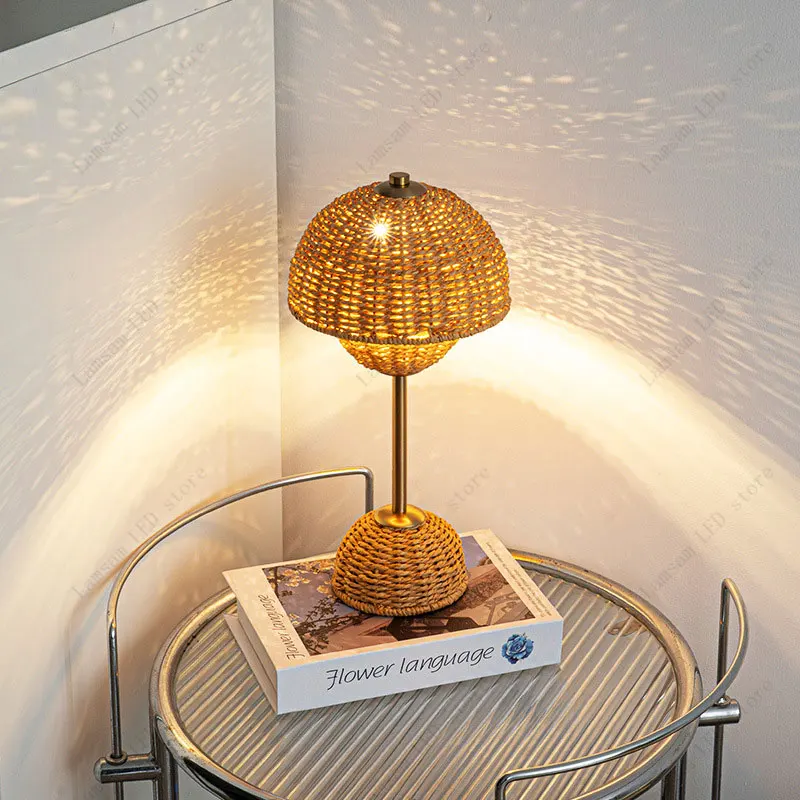 Rattan Flower Bud Lamp USB DC Powered Pastoral LED Desk Light Tricolored Bedside Night Light Living Room Hotel Dining Room