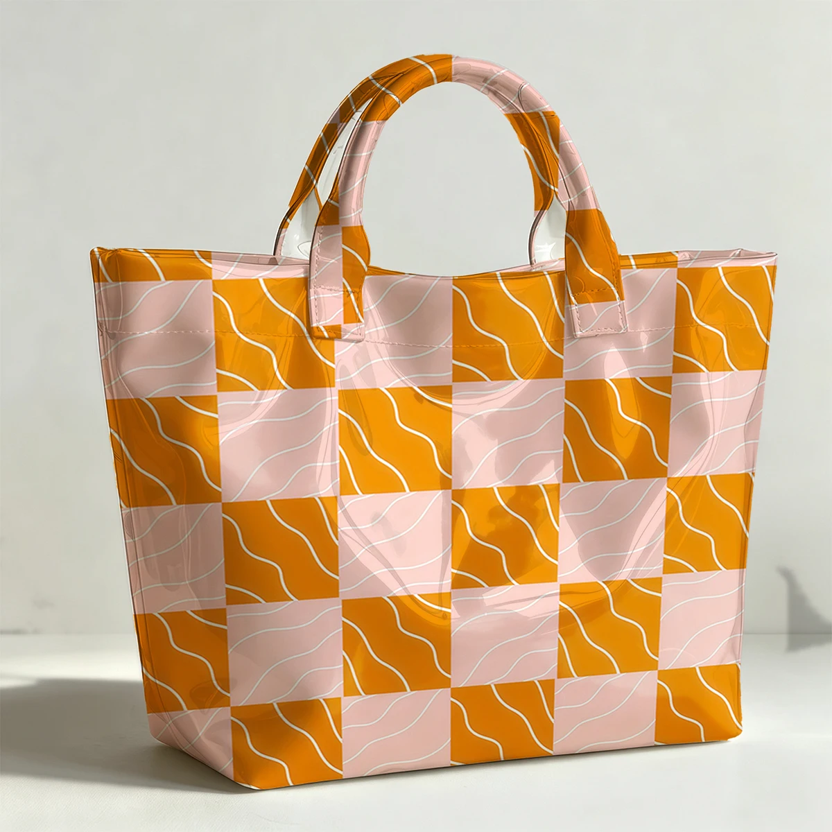 checkered lines orange pink Fashion Bag Transparent PVC Waterproof Handbag Large Capacity Daily Commute Shoulder Tote Mummy Bag