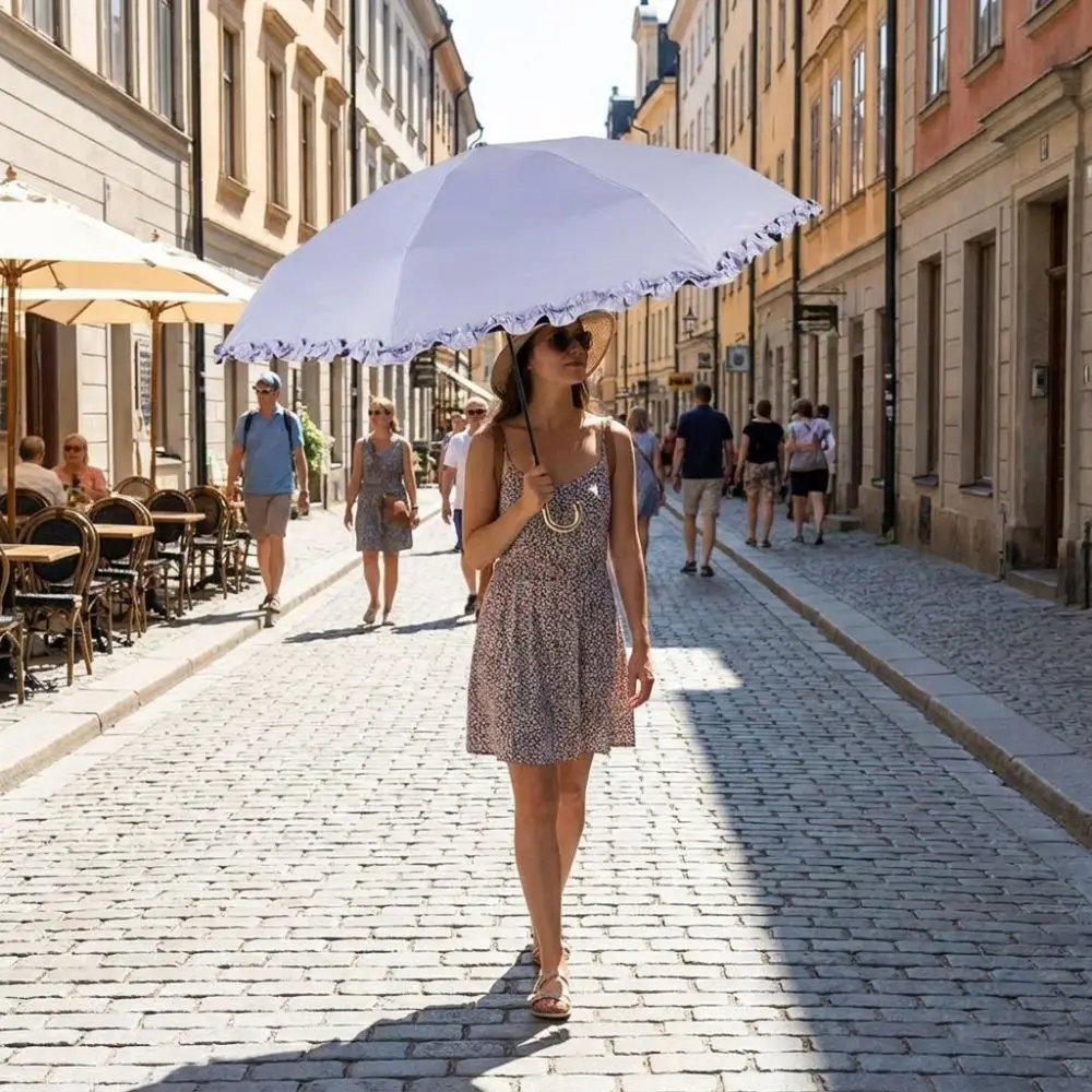 Ultra Light Portable Five Fold Lace Umbrella 6-Rib UV protection Sunshade Umbrella Windproof Golden Curved Handle Parasol