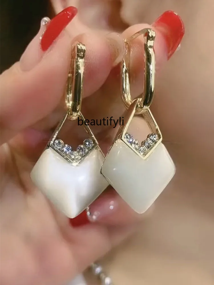 Korean opal geometric earrings high-end light luxury earrings design sterling silver stud earrings