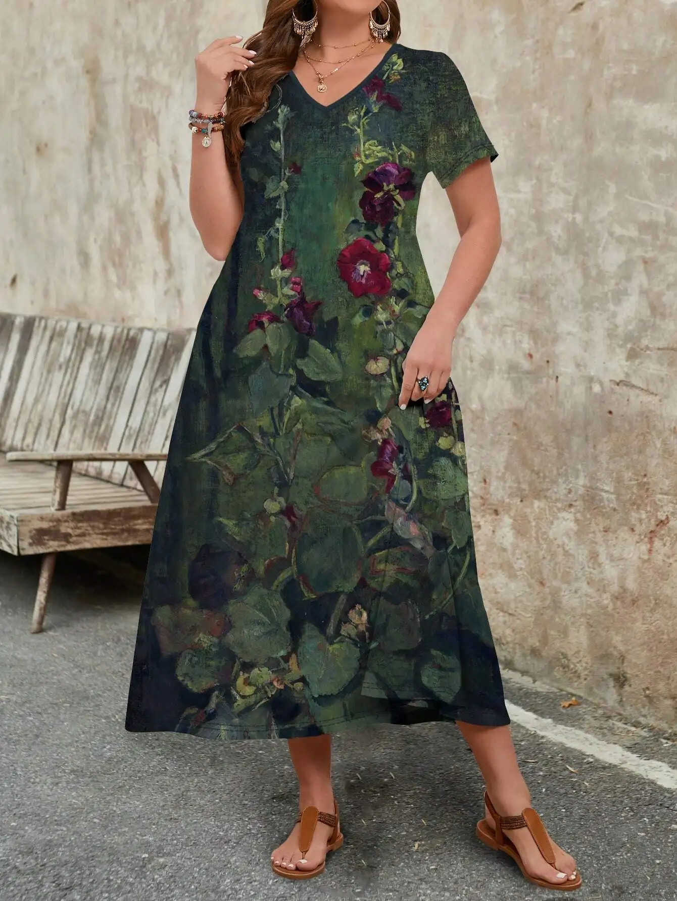 

Женское винтажное длинное платье с цветочным принтом, V-образным вырезом и короткими рукавами, повседневное, в стиле бохо, для пляжа, летнее