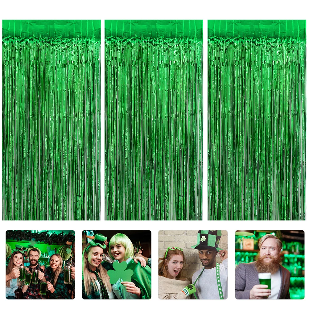 

3pcs Green Tinsel Foil Curtain Backdrop For Party Wedding Birthday St Patrick'S Day Decoration Fringe Background Wall Decor