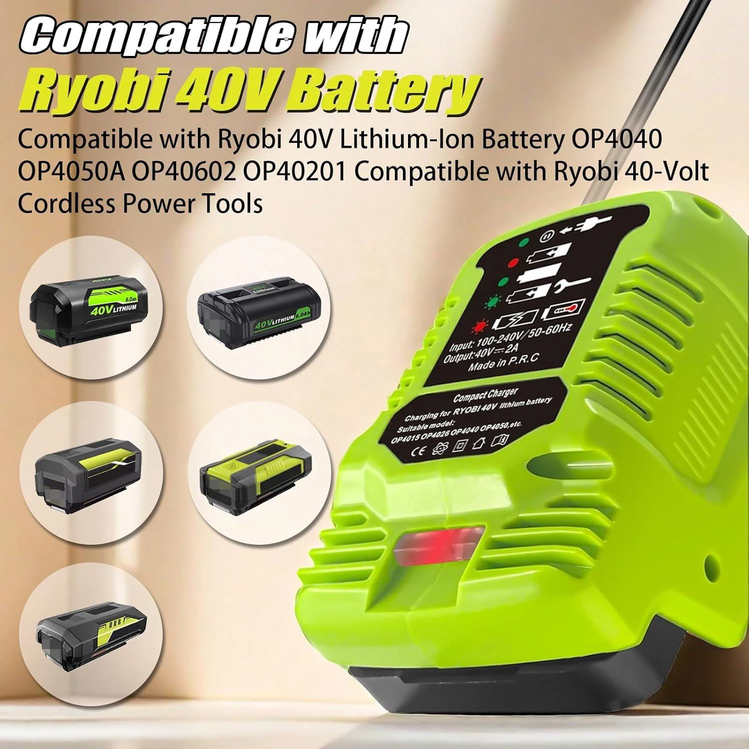 VICTPOWER 40V Mini Charger for Ryobi 40V Lithium Battery OP4040 OP4050 OP4060 OP4026 Replacement for Ryobi Cordless Power Tools