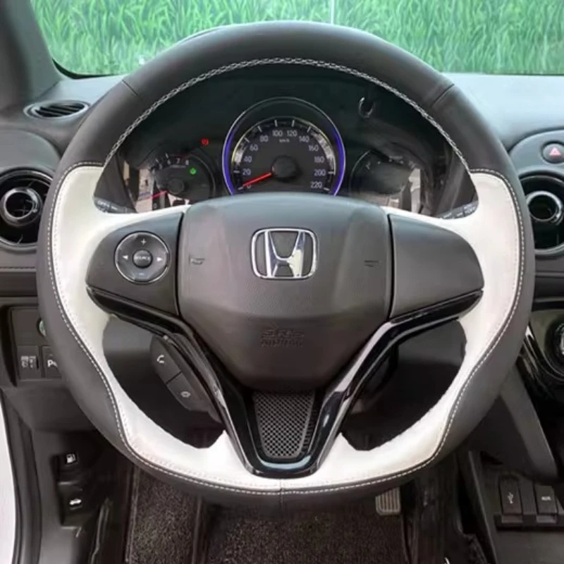 

For Honda Fit City Jazz 2014 2015 HRV HR-V 2016 Hand-stitched black White Genuine Leather non-slip car Steering Wheel Cover