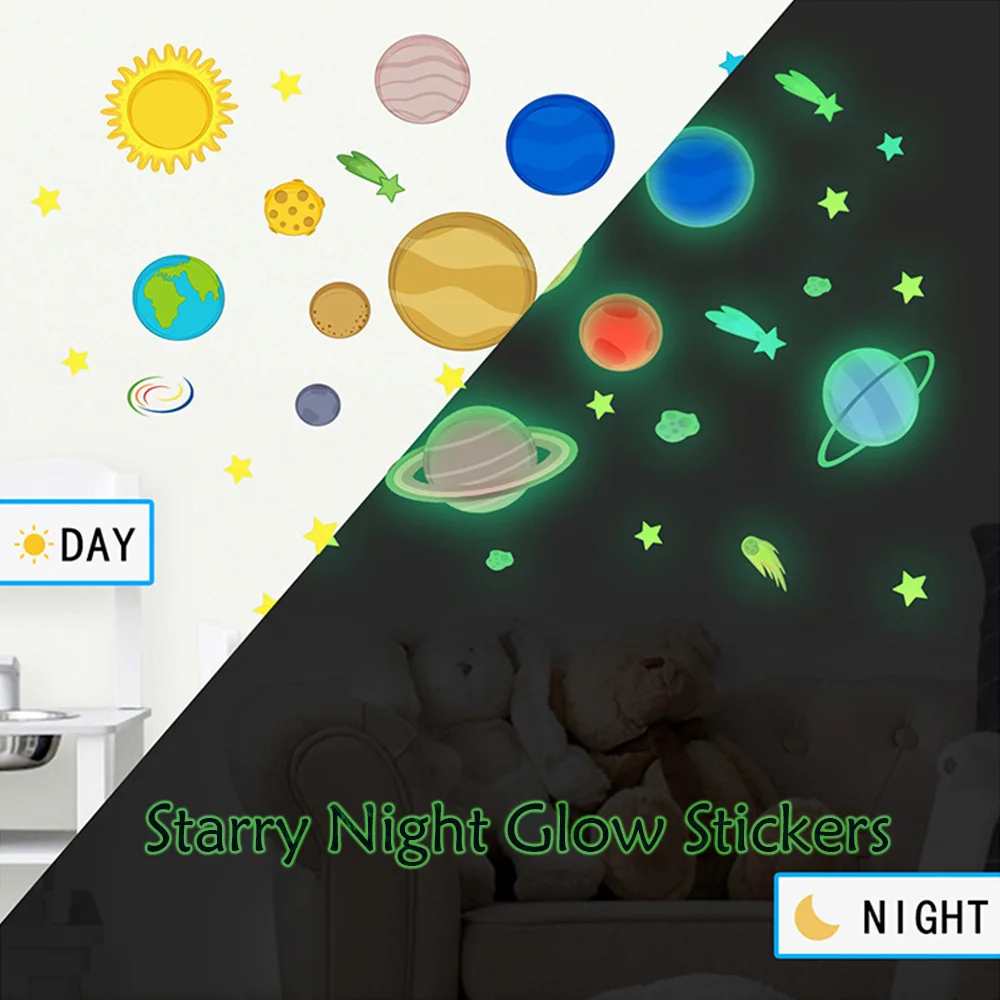 

Glow-in-the-Dark Planet & Star Stickers Nursery Room Decor Stickers Reusable PVC Wall & Ceiling Decals for Kids’ Room