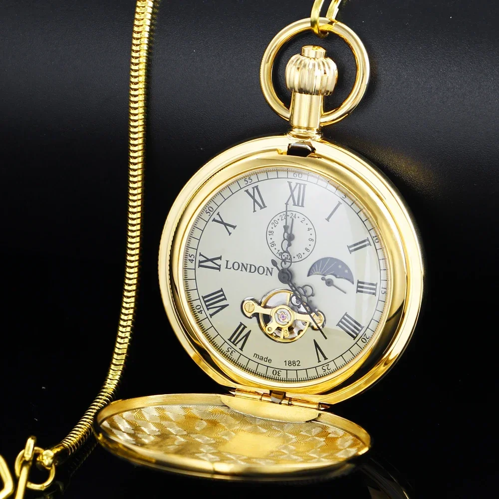 Men's Automatic Mechanical Pocket Watch Luxury Gold Copper Moon phase Retro Roman Numerals Dial Snake Chain Pendant Gift