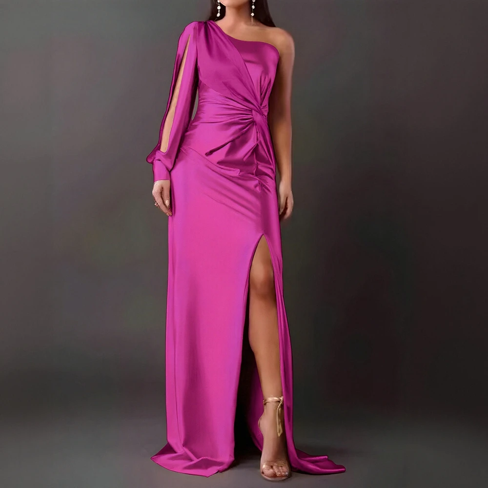 فستان نسائي أنيق بكتف واحد وأكمام طويلة للخريف ثنيات عالية الشق ميدي أساسيات عادية