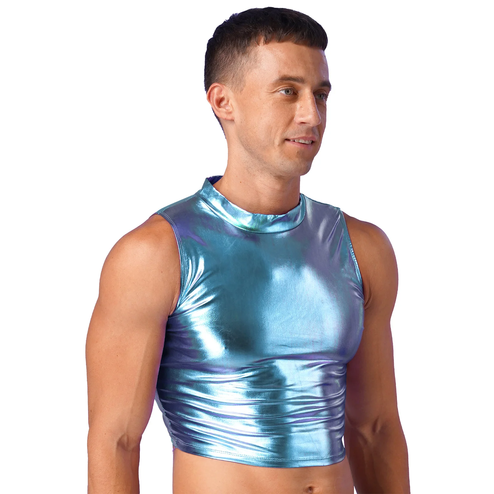 Sexy Metallic Crop Top Mens Wet Look Sleeveless Patent Leather Tank Tops Short Vest Dancing Rave Party Clubwear Summer Man\'s Top