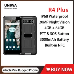 UNIWA R4-Plus Rugged 4G Mini Smartphone 4 Inch Touch Screen Octa Core 4GB RAM +64GB ROM Android 14 Mobile Phone 3000mAh SOS NFC