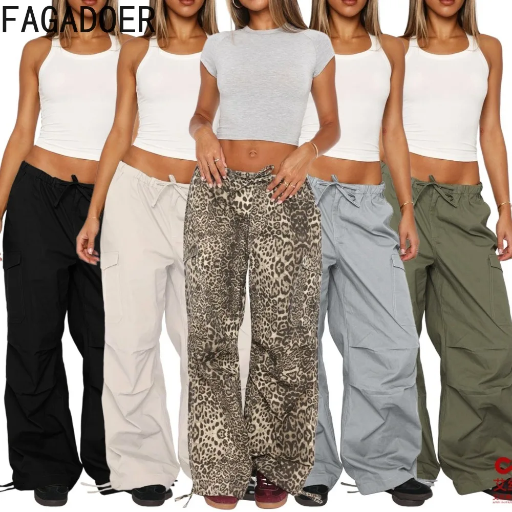 FAGADOER Y2K Fashion Low Waist Wide Baggy Pants Legs for Woman Solid Color Cargo Pocket Long Pants Female Streetwear Bottoms New