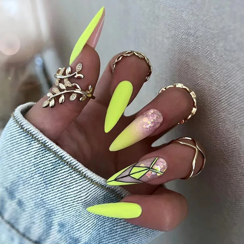 

3D fake nails set for summer season Bright yellow geometric with glitters french almond tips faux ongles press on false nails