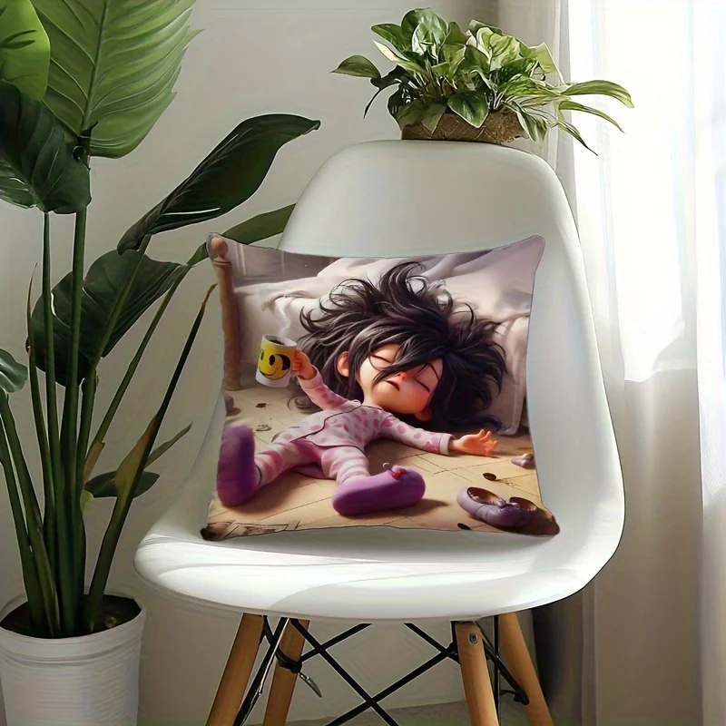 Square Pillowcase Sleepy Girl in Pajamas Pattern Ideal Gift for Holiday Birthday Car Bedroom Living Room Sofa Decor