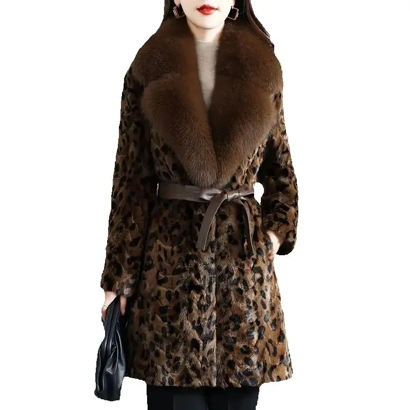 2025 Winter New luxury leopard Print Trendy Fox Fur Collar And Mink Fur Coat High Quality Real Mink Fur Coat Women
