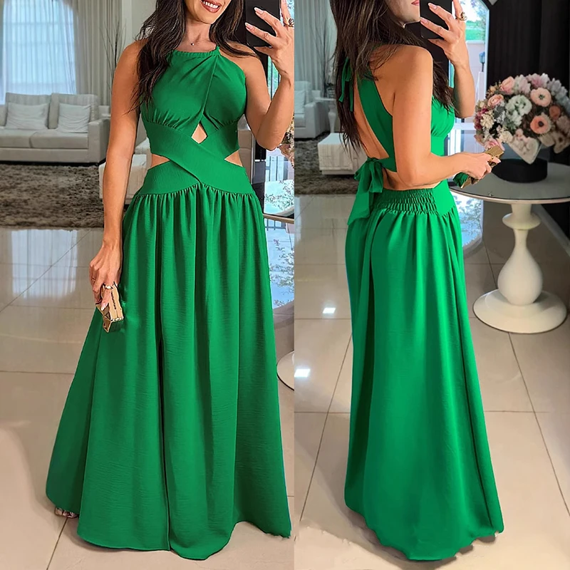 Summer High Waist Pleated Holiday Dresses Fashion O Neck Lace Up Backless Party Dress Elegant Sleeveless Hollow Solid Long Dress