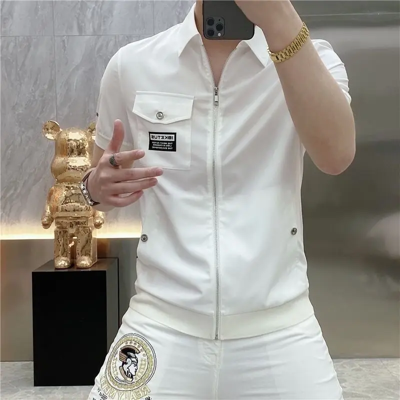 

Новинка: Мужской тонкий кардиган Slim Fit с коротким рукавом и воротником, повседневный летний стиль, модный бренд
