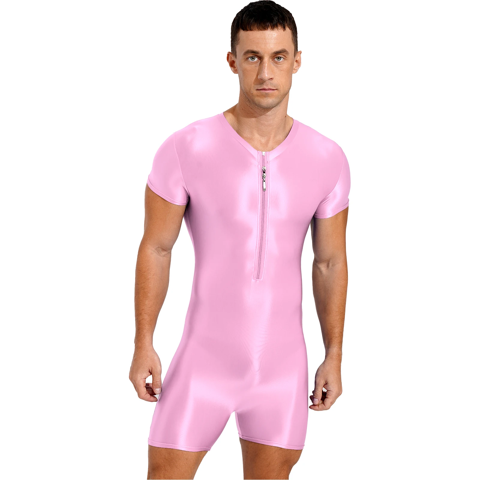 Bañador con cremallera para hombre, traje de baño de una pieza, brillante, elástico, cuello redondo, natación, Fitness, mono de manga corta,