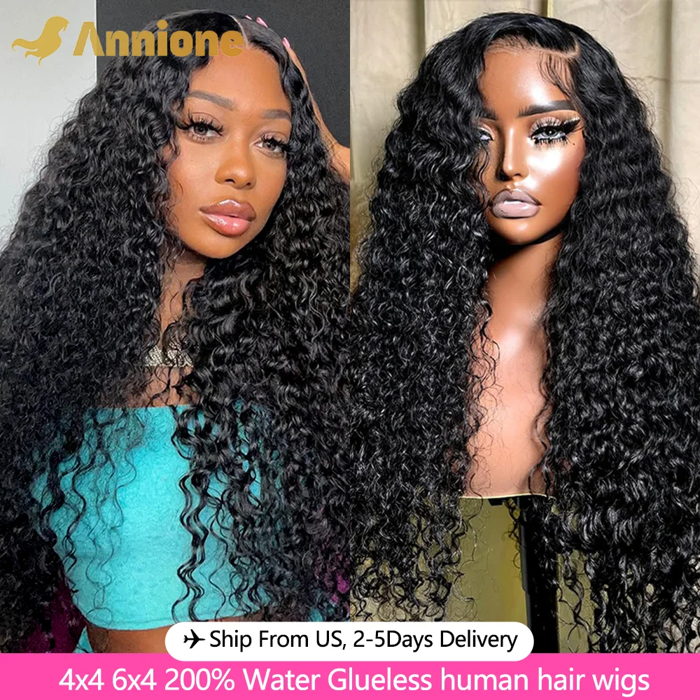 Annione 6x4 Glueless Wig Human Hair Ready To Wear 26 inch Deep Curly Wigs 4x4 Transparent Lace Closure Glueless Wigs Human Hair