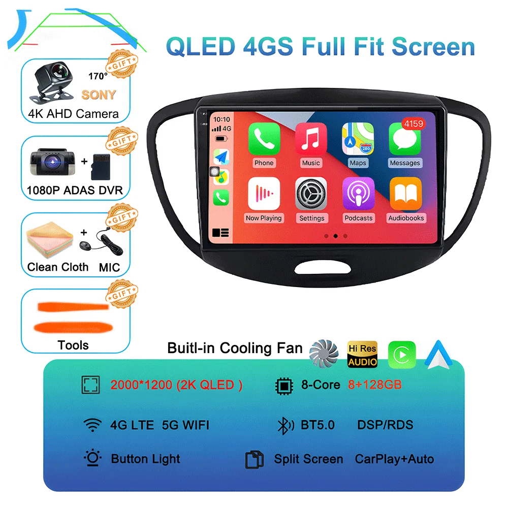 Android 16 Carplay Auto autoradio voor Hyundai I10 2007 - 2013 CarPlay Auto GPS Recorder Multimedia videospeler 4G+WiFi DSP