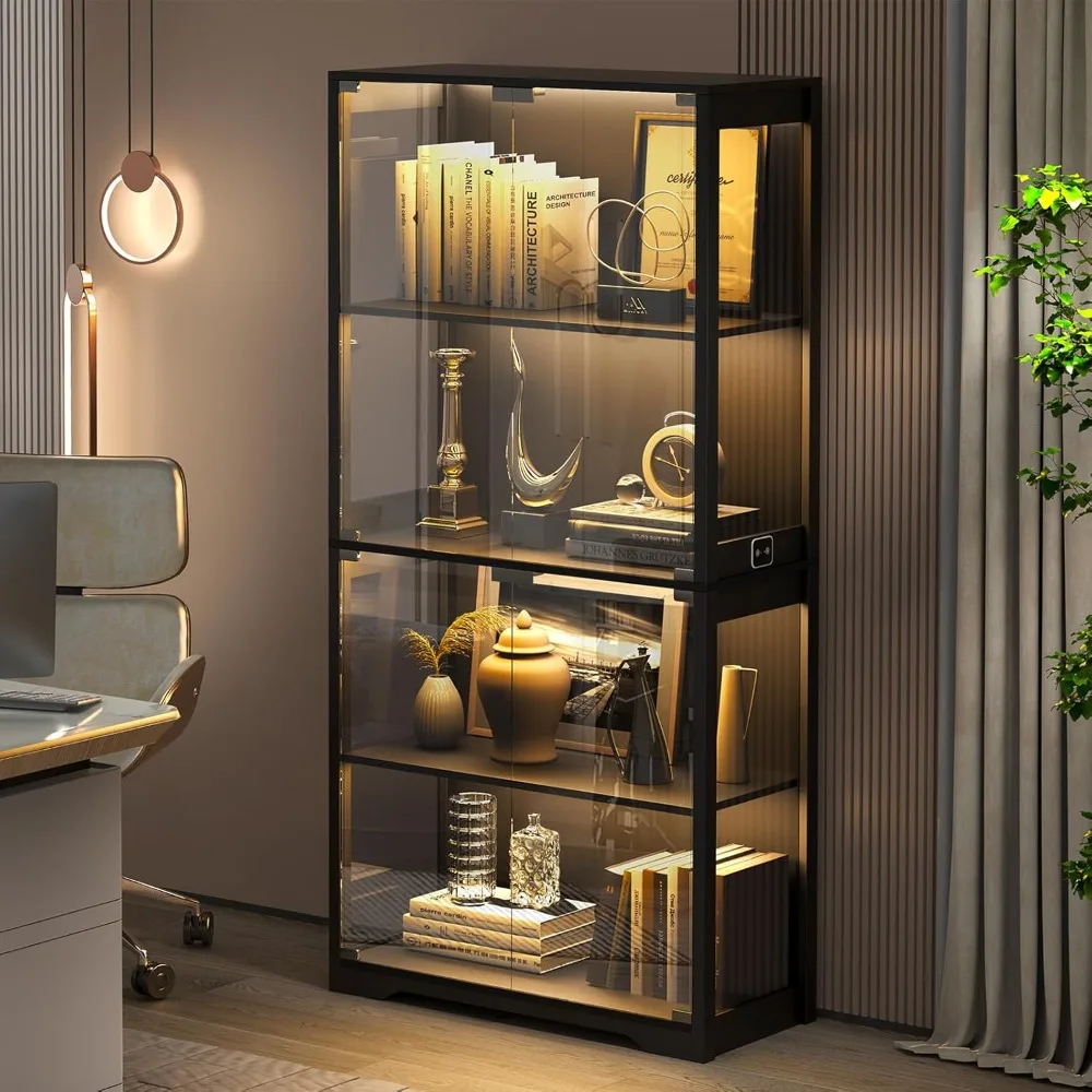 Display Cabinet with Glass Doors, Storage Cabinets with 3 Color Light, 4-Tier Cabinets Bookcase, Display Cabinet