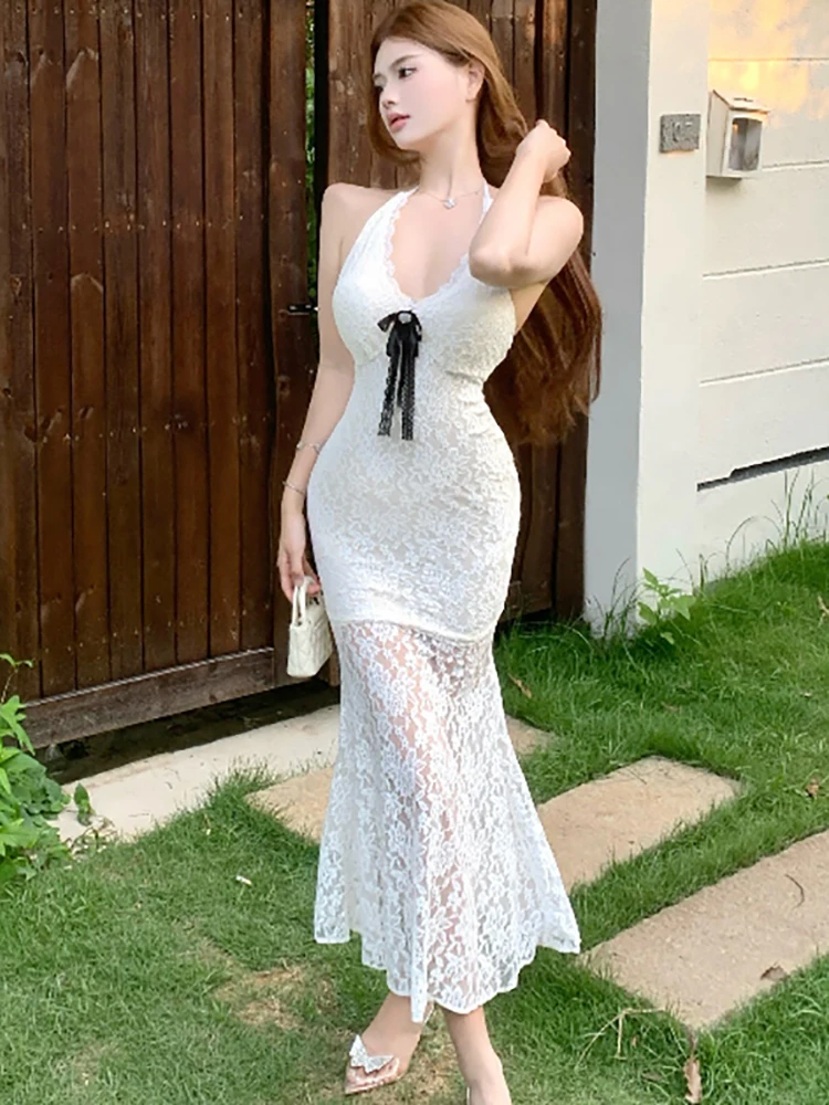 2025 Wit Kant Jacquard Chic Boog Hals Gemonteerde Sexy Jurk Vrouwen Elegante Bodycon Verstoorde Maxi Jurk Zomer Koreaanse Luxe vestidos