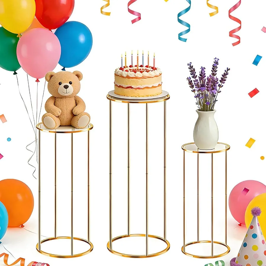 

3-Tier Golden Metal Cake Stand with Acrylic Platforms - 100Cm 80Cm 60Cm Hght Adjustable for Weddings Birthdays Baby Showers - E