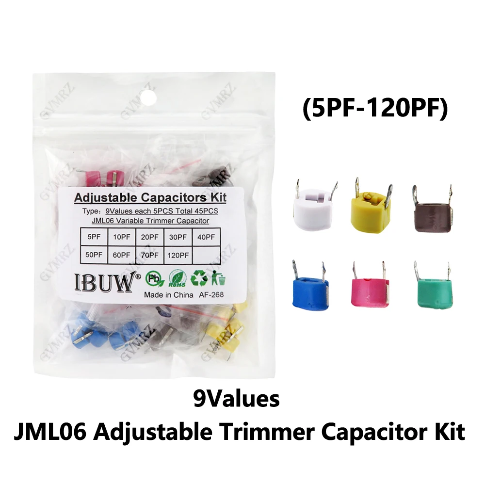 45PCS 9Values JML06 Adjustable Trimmer Capacitor Kit (5PF-120PF) for RF Circuit Tuning & Oscillator Electronic DIY Projects 5PF