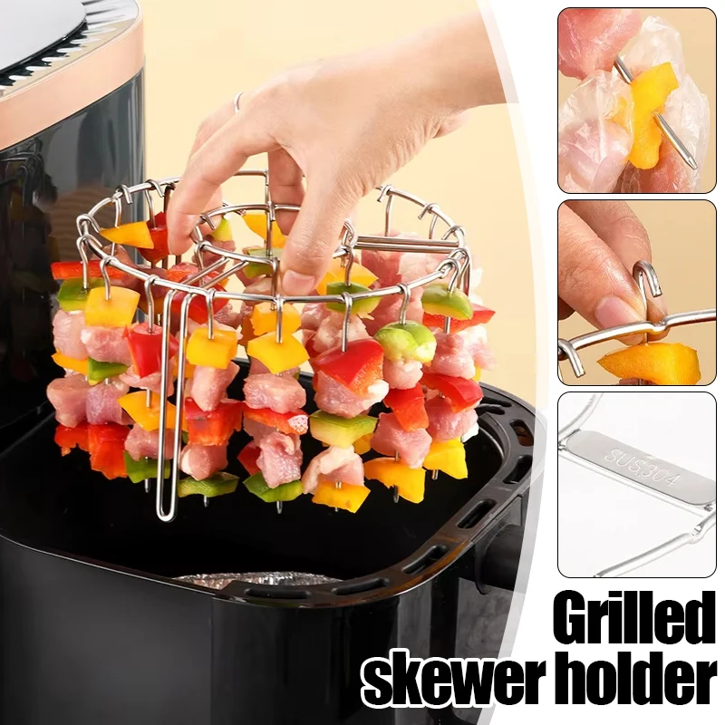 

24/48 Skewers 304 Stainless Steel Vertical Hanging Kebab Rack for Air Fryer BBQ Grill Meat Skewer Holder Kitchen Gadget Washable