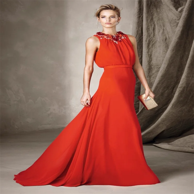 MULONG Summer Fashion Women's Long Evening Dress Elegant Sleeveless Red Chiffon  Vintage Prom Party Dresses Latest Fashion