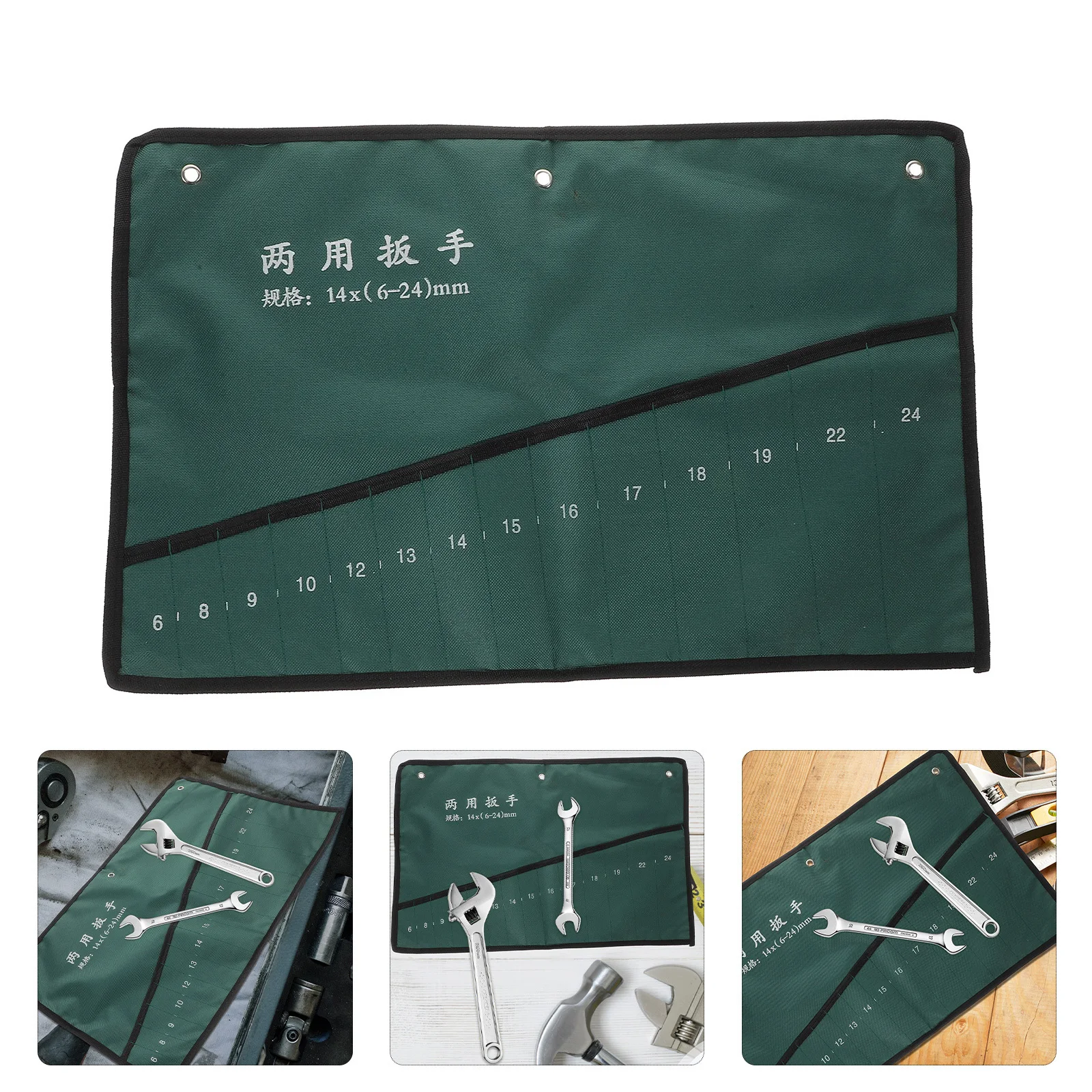 14-Pocket Wrench Organizer Canvas Tool Roll Up Bag Durable Storage Pouch for Spanner Repair Kit Portable Hardware Organizer Case