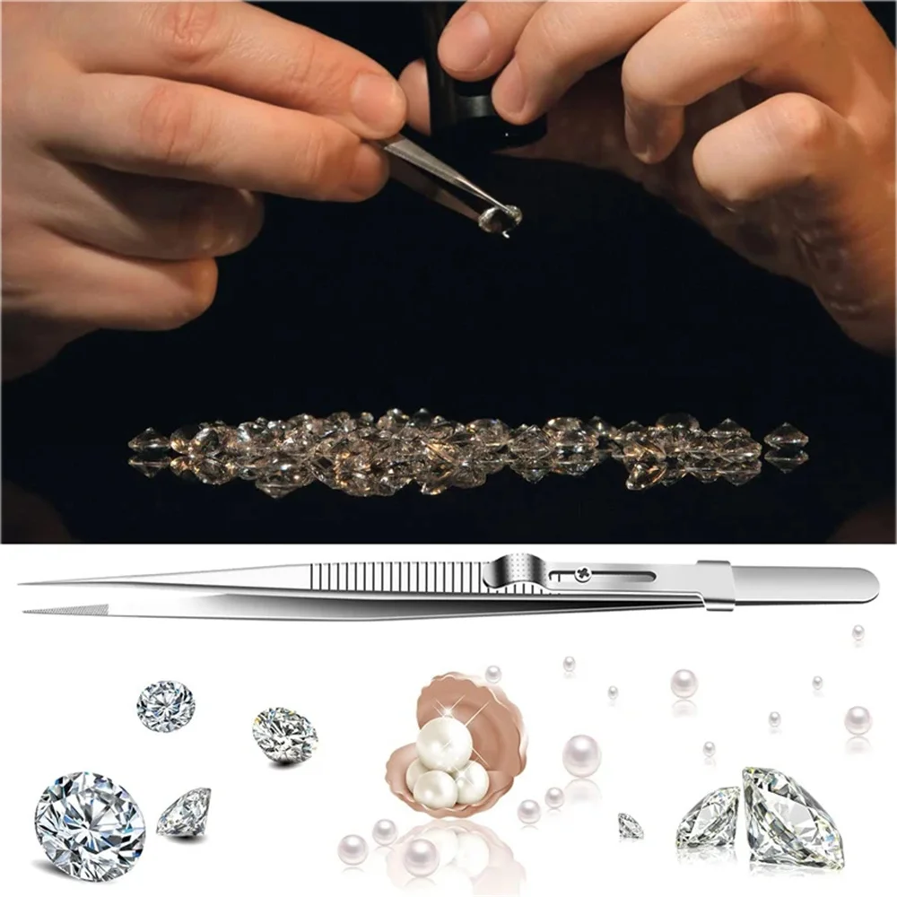 1PC Stainless Steel Diamond Jewelry Tweezers Gemstone Pincette with Adjustable Antislip Lock Jewelry Tweezer Hand Tools