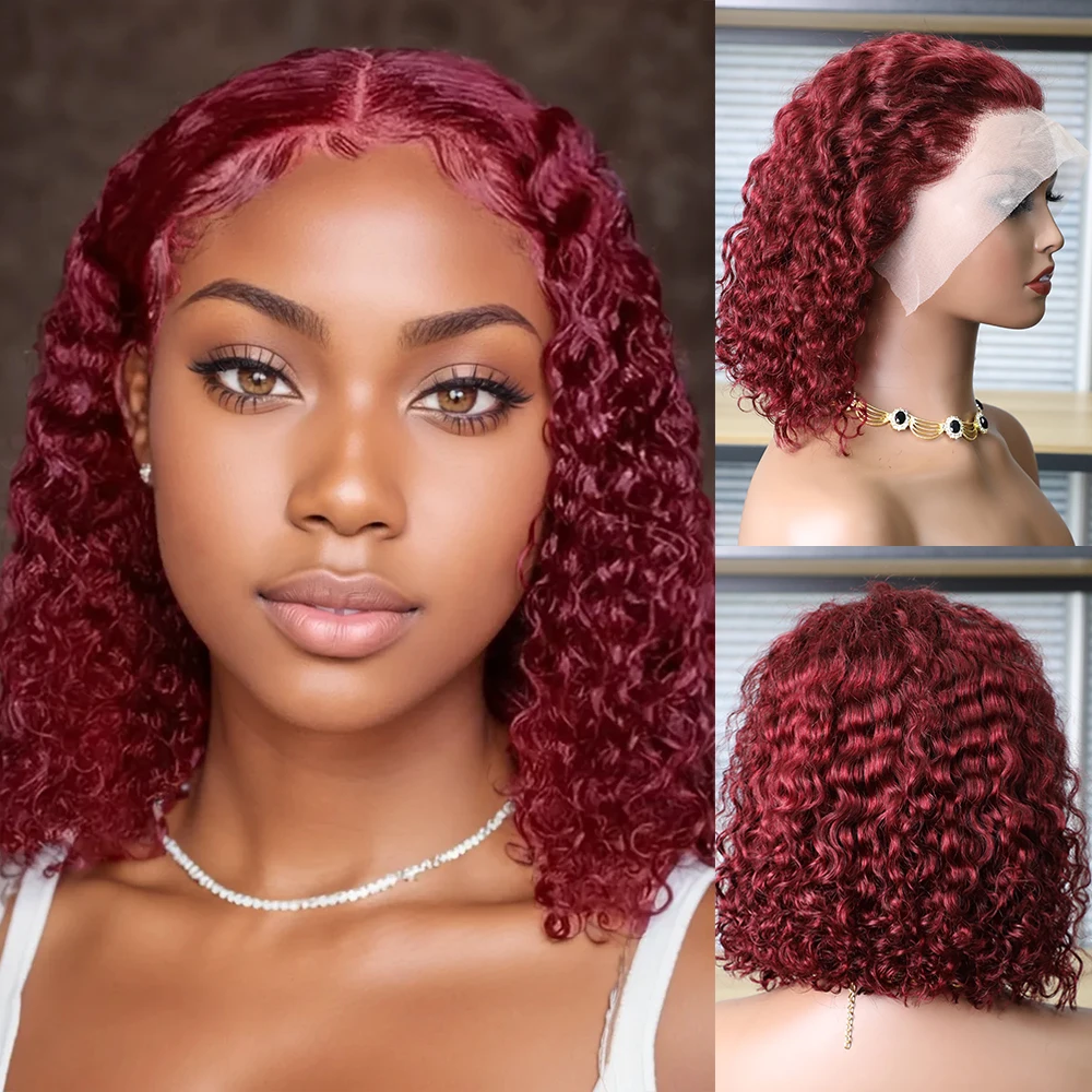 99J Burgundy Curly Short Bob Wig 13x4 Full Lace Frontal Human Hair Wigs 200% Red Color Water Wave Human Hair Wig For Black Women