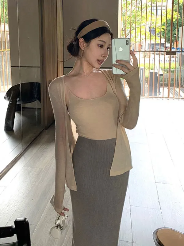 

Casual Slip-On Cardigan Tank Top And Skirt Three-Piece Set Comfortable Biker Style Women's Fashion Autumn Outfit