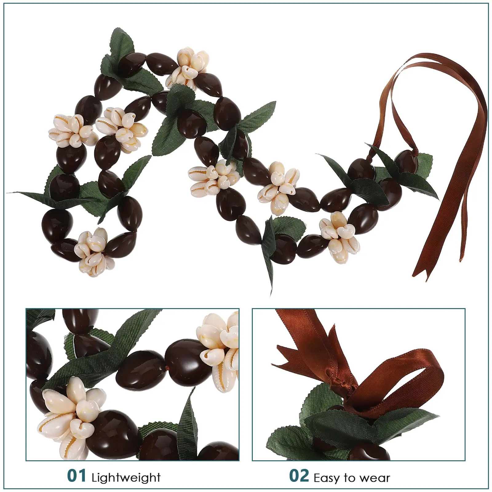 Black Nut Graduation Garland Necklace Hawaiian with Artificial Flowers Leaves Lightweight Comfortable Tropical Beach
