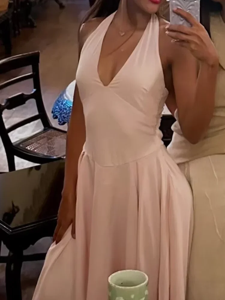 

Women Elegant Pink Halter Maxi Dress Fashion V-neck Sleeveless Backless Waist-cinching Pleated Robe 2026 Spring New Party Gown