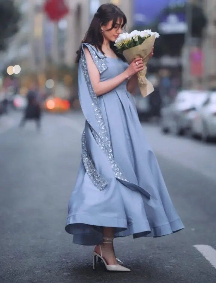 Sprookjesachtige A-lijn op maat gemaakte stoffige blauwe vierkante hals mouwloze galajurken Staaflijst Enkellange feestjurk voor speciale gelegenheden