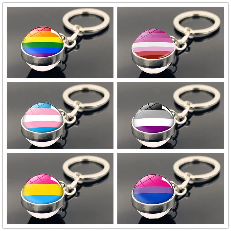 Orgullo Gay patrón de arco iris LGBT cabujón de cristal llavero bola de doble cara llavero de coche joyería regalo al por mayor Dropshipping