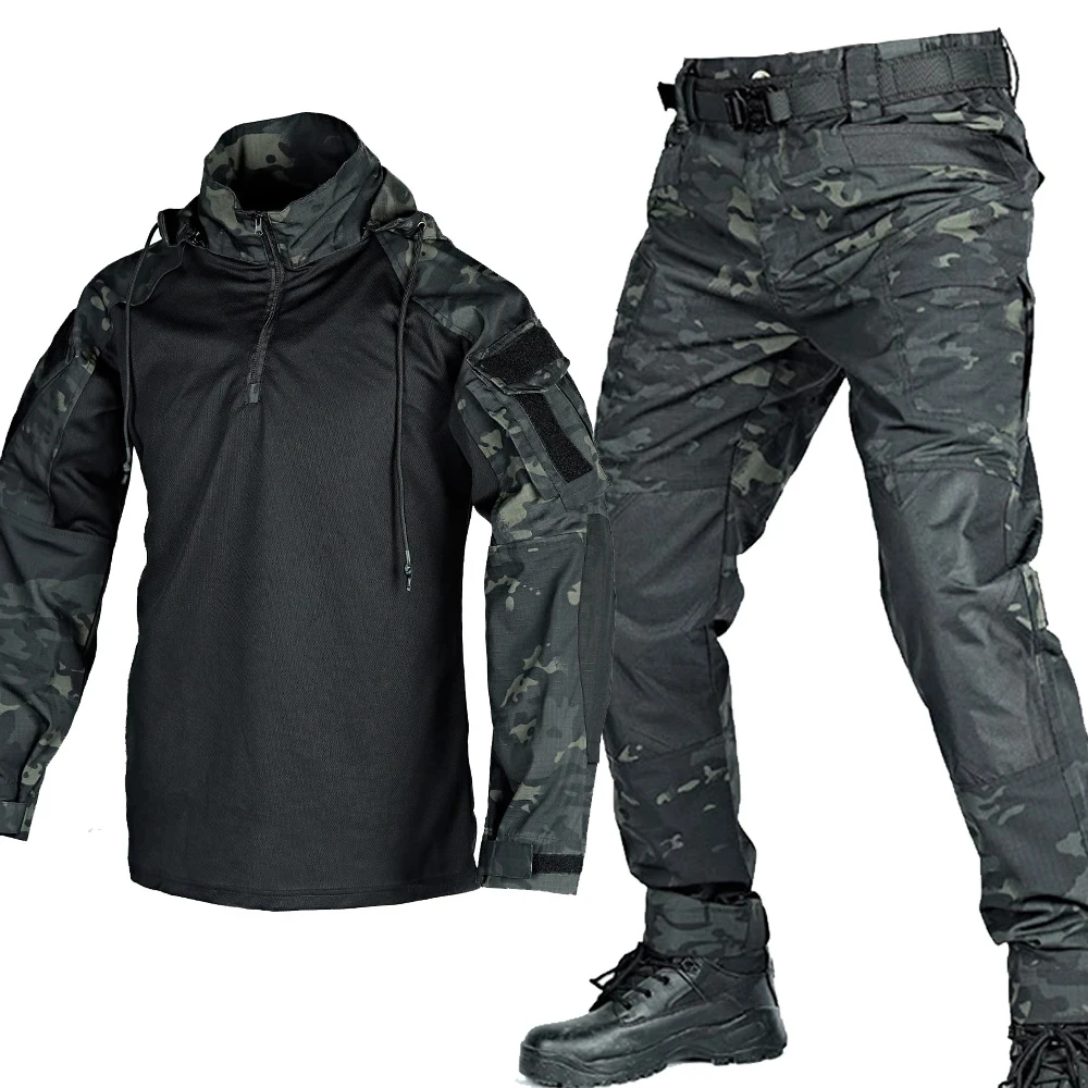 

Men Camo Long Sleeve Military Training Uniform Outdoor Army Fans Combat Tops Trousers Sets Work wear Tactical Shirt Pants Suit