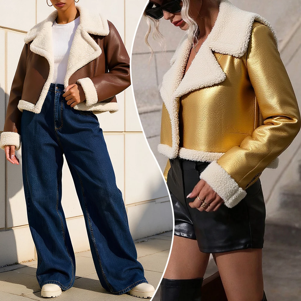 

Women's Casual Cropped Jacket Autumn Essential Black Leather with Plush Trim Zipper Front Daily Outerwear